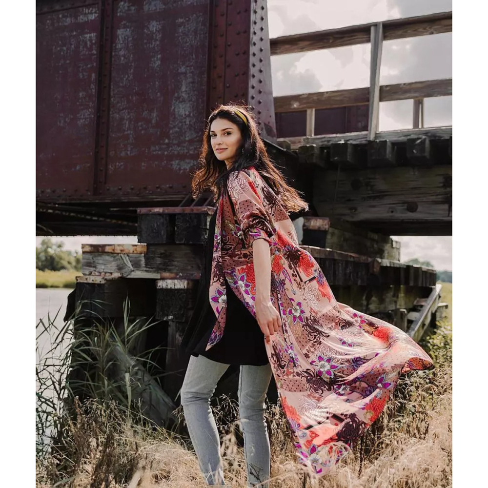 GIMMICKS Floral BOHEMIAN Long Sleeve KAFTAN KIMONO Vintage Vibes Duster WOMENS M